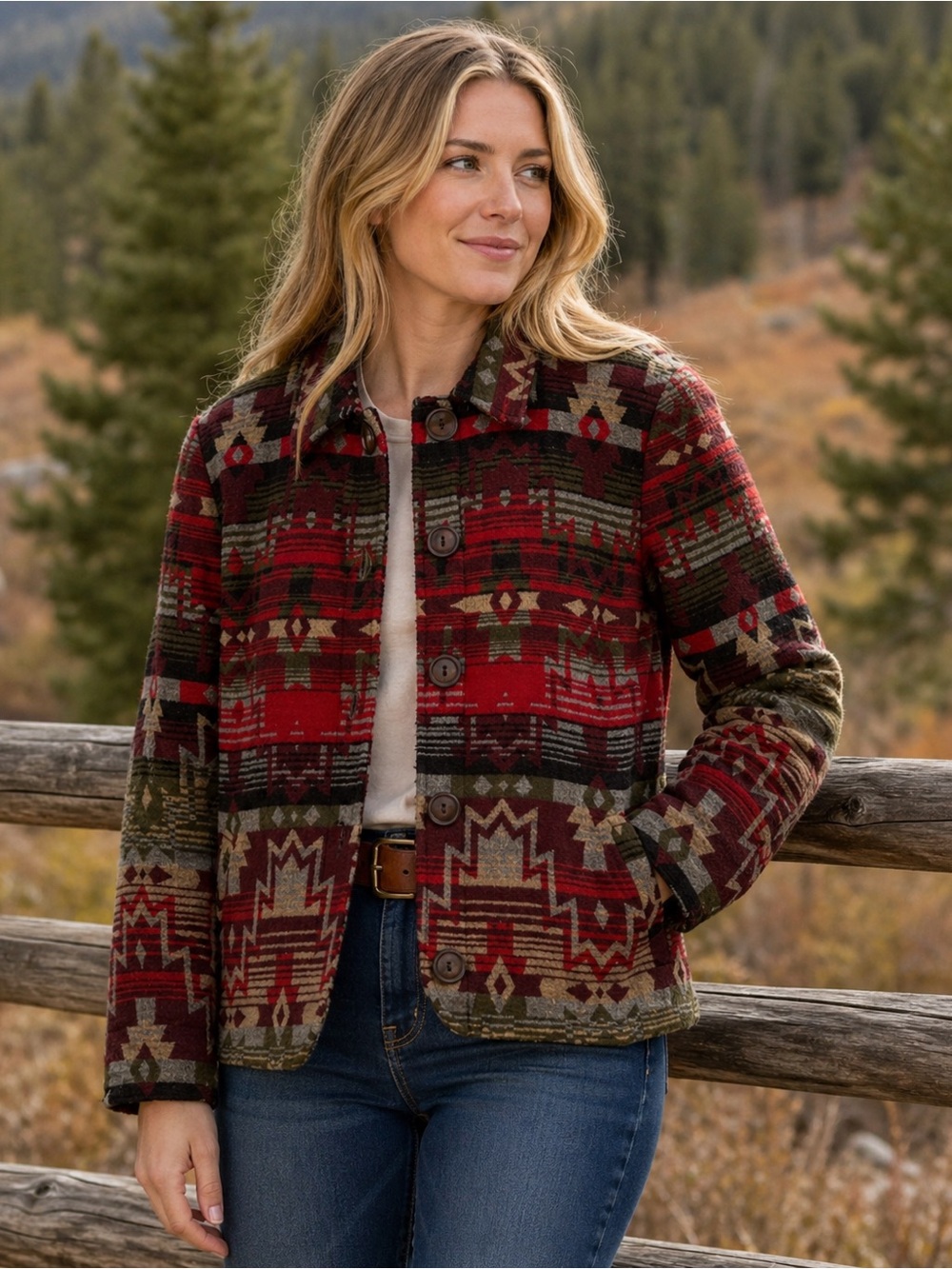 NWT COLDWATER CREEK Petite 14 Jacket Red Brown Southwest Aztec Native Wool Blend